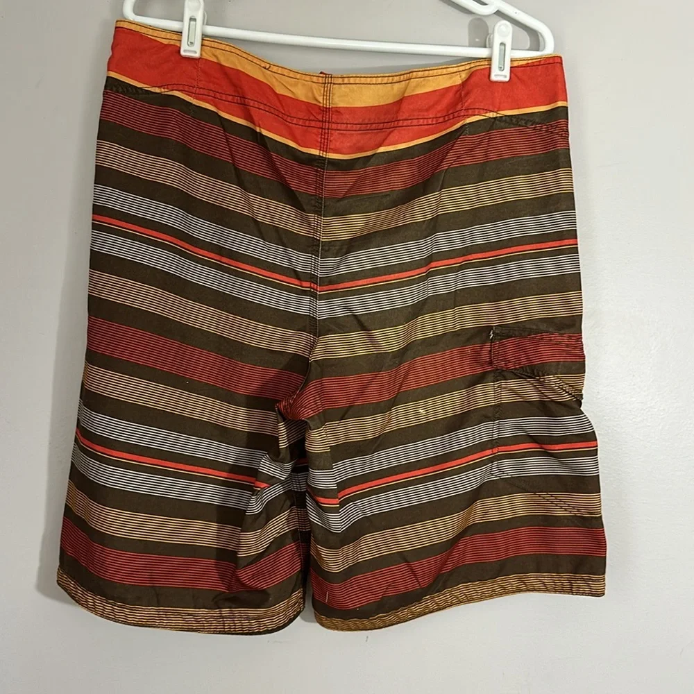 Striped Men's Swim Shorts - Red, Brown, and Tan